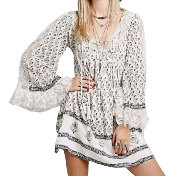Free People Dress Womens XS Beige Nomad Child Lace Bell Sleeve Floral Bohemian - Picture 5 of 13